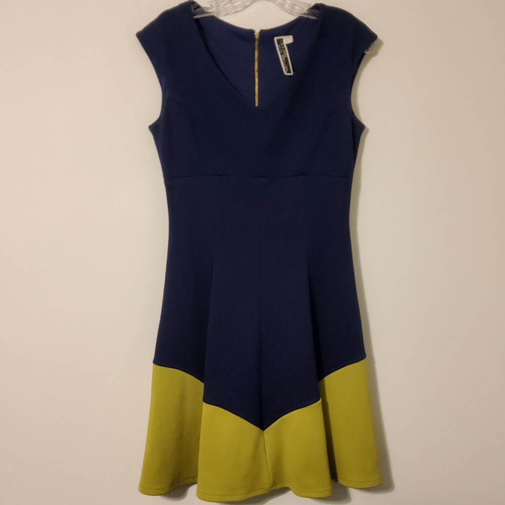 Julian Taylor New York Blue/Lime Green Sleeveless Fit & Flare Dress V-Neck Sz 6